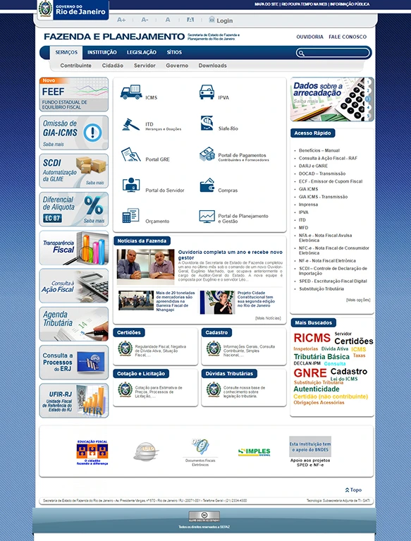 Interface antiga do portal SEFAZ-RJ
