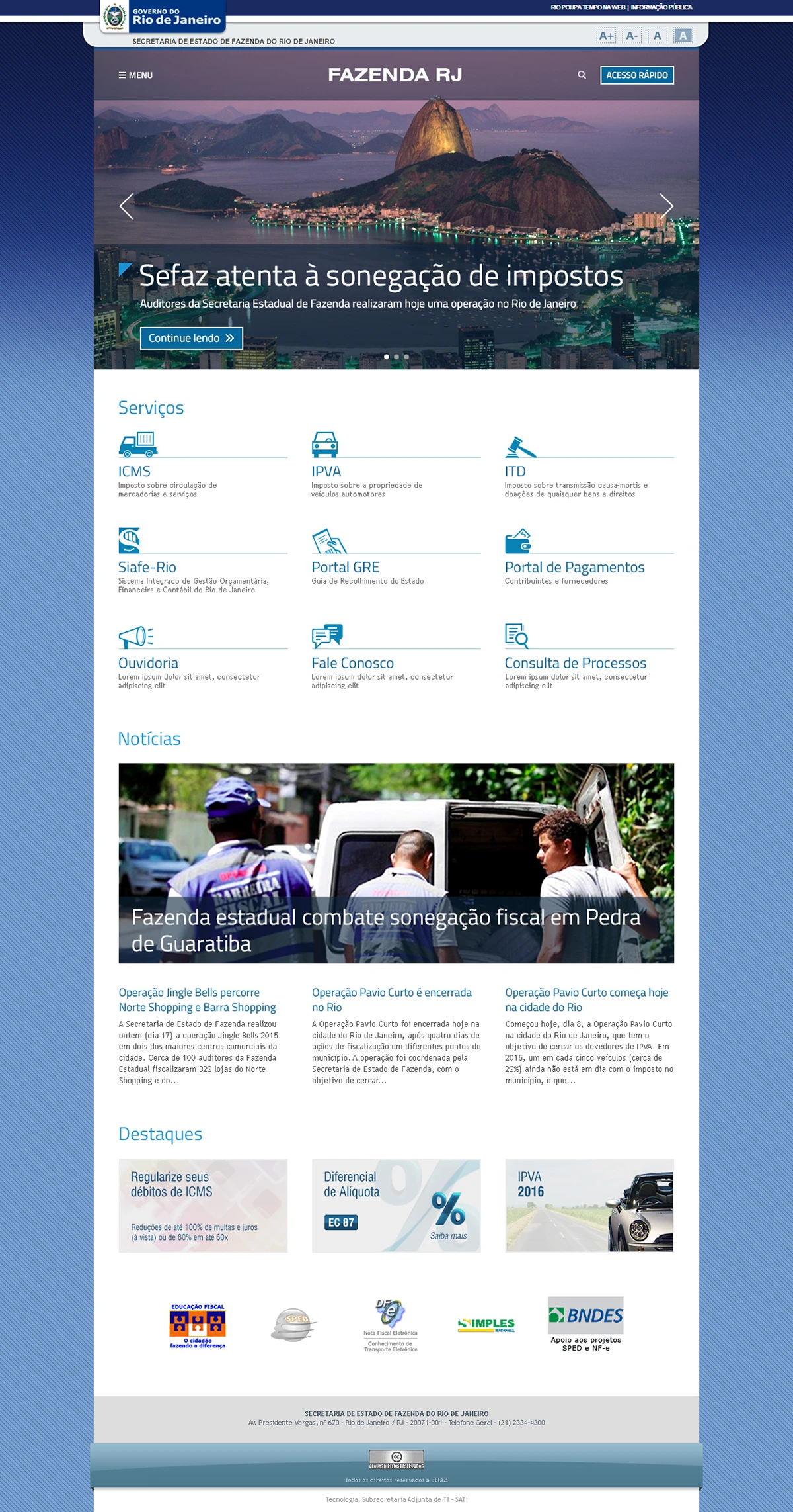 Primeira versão do portal SEFAZ-RJ seguindo padrão Gov RJ